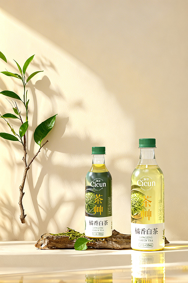 修改这张图：把背景的叶子换成龙井绿茶的树枝和叶子，下方干树枝上的绿植也换成龙井绿茶的叶子。然后将图一中的橘香白茶瓶子放在干树枝上，图二中的龙井绿茶瓶子放在干树枝附近。自然光线照在瓶子上，地面和墙面上要有瓶子的光影效果，瓶中的茶水在光照下要显得清透干净
