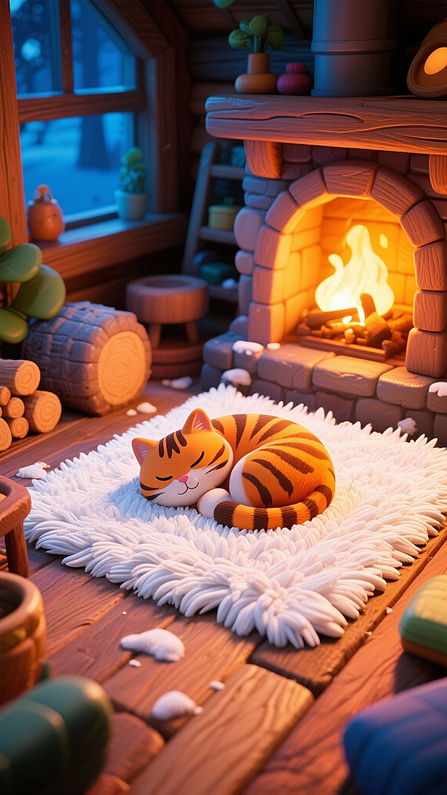 一块铺在噼啪作响壁炉前的奢华白色长毛地毯，毛绒纤维深厚柔软如新雪，一只橘色虎斑猫蜷成完美的圆睡在上面，形成一个小窝。温暖的炉火光晕，舒适小木屋内部，超细腻纹理，超写实，宁静。