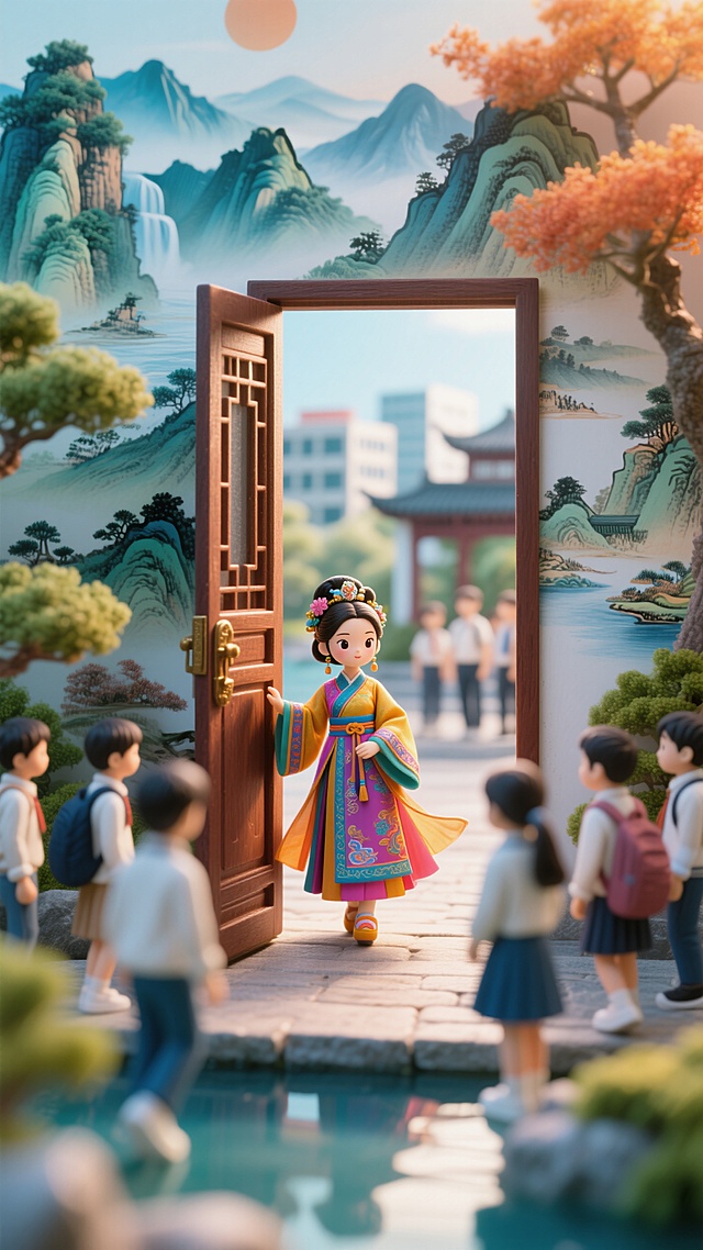 一个衣着时髦鲜艳的美女小人，正在穿越一扇门，门后是现代的她，还有一大群衣着现代的学生，跨出门的部分已经变成了古装，门后是现代的世界，门前是充满诗情画意的山水画，画面明亮，色彩鲜艳