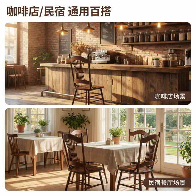 [主图 4] 多场景适配展示拼图
[氛围/风格] 复古自然，不同空间适配展示，风格统一温馨
[画面元素] 两宫格拼图，上方展示椅子放在咖啡店吧台场景，下方展示椅子放在民宿餐厅场景，产品外观始终保持和原预览效果
