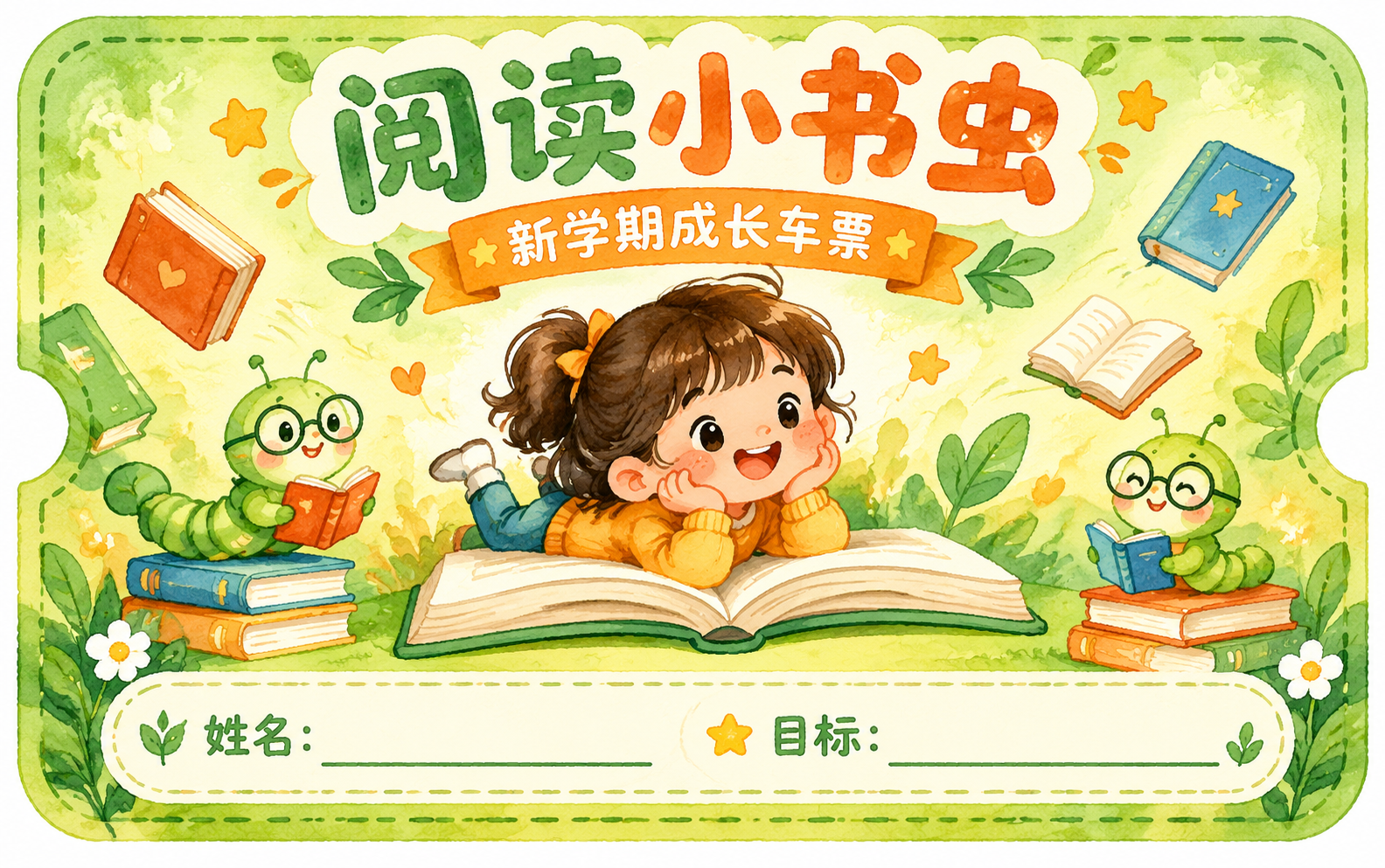 一张可爱的卡通成长车票设计，主题为「阅读小书虫」，车票形状为圆… - 图片创意预览