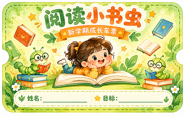 一张可爱的卡通成长车票设计，主题为「阅读小书虫」，车票形状为圆角矩形，顶部写有大字「阅读小书虫」，下方有「新学期成长车票」小字，中间有一个趴在书上开心阅读的卡通小女孩形象，周围有飞舞的书本和可爱的小书虫卡通形象，底部有「姓名：____」「目标：____」填写区域，整体色调为温暖的绿色和橙色，手绘水彩风格，温馨可爱，适合小学生，画面清晰精致