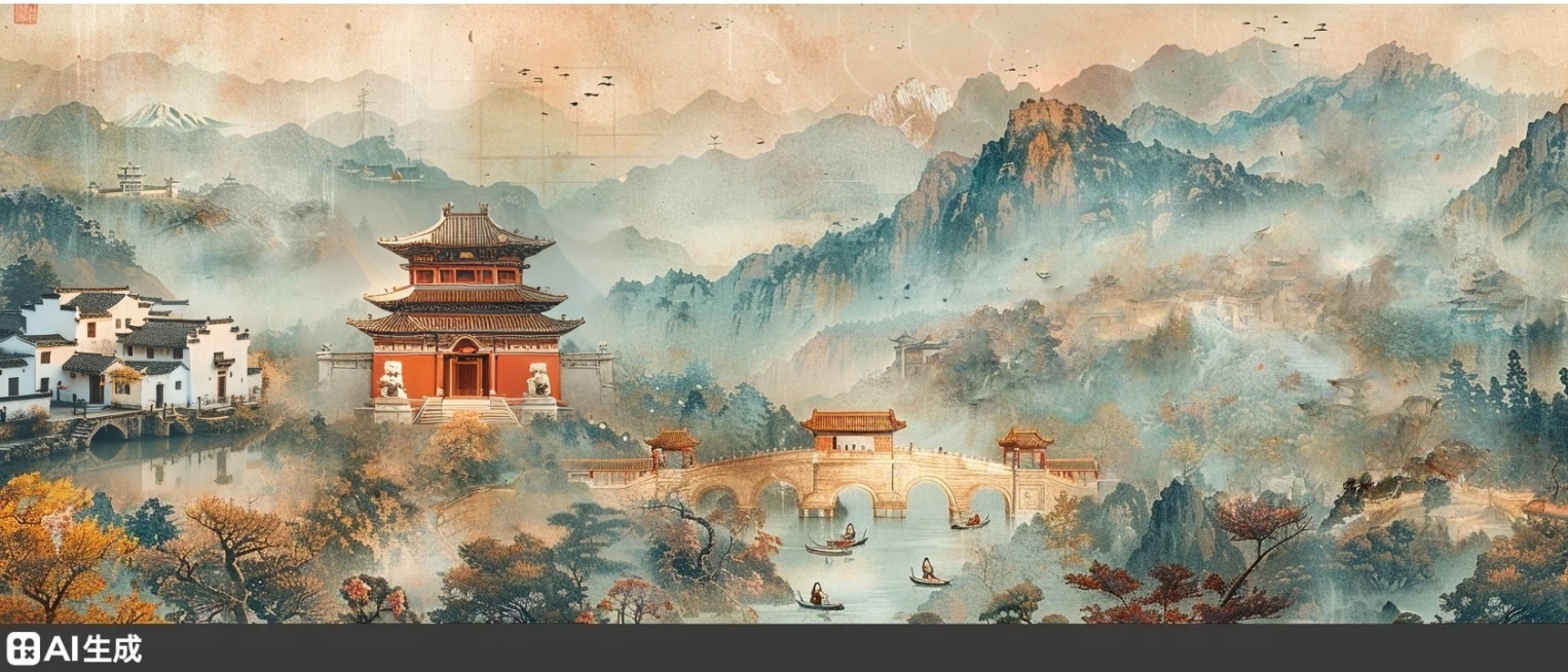 画面中央山腰台地，大型歇山顶衙门，七分面透视（左低右高），朱红墙体占满区域，门前一对石狮子（左雄右雌），两侧八字影壁，松林环抱。预览效果