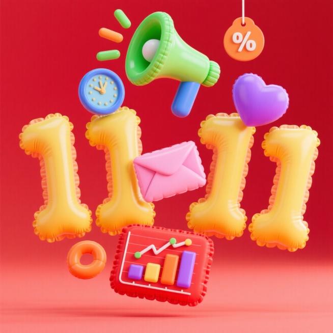 主体为一个促销感的黄色“11·11”造型，结合装饰元素：漂浮着喇叭、时钟、信封、爱心、数据图表、折扣标识等，前景干净，背景为红色预览效果
