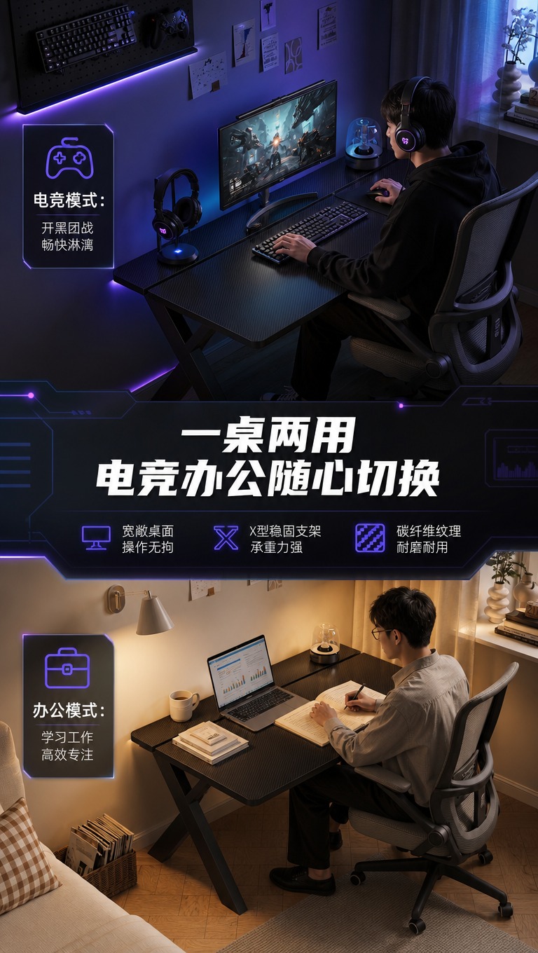 [商品] 使用【图1】黑色碳纤维纹理电竞桌，X型金属支架；保留… - 图片创意预览