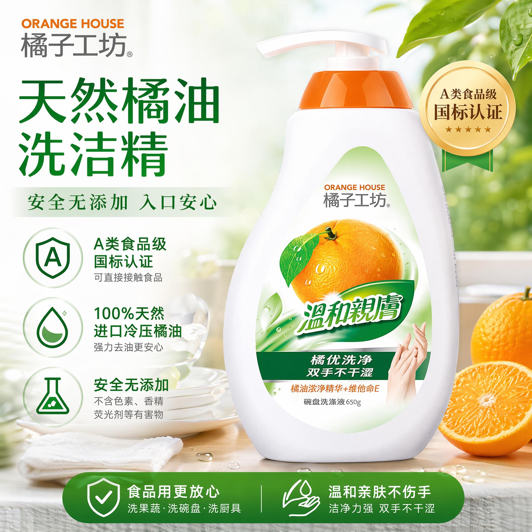 「图片1」淘宝/天猫 商品是天然橘油洗洁精，卖点是A类食品级认… - 图片创意预览