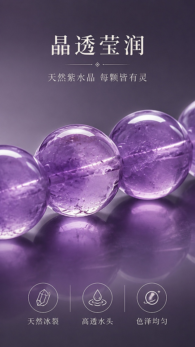 [第3屏] 详情页细节微距-紫水晶珠体通透质感展示。本屏使用【图1】作为商品主体，聚焦紫水晶珠体微距细节，保持珠体颜色、通透度、内部棉絮纹理与原图一致。
[氛围/风格] 极致微距质感，低饱和灰调，极简光影，商业珠宝摄影质感，高级静谧。
[元素布局] 3-4颗紫水晶圆珠放大占据画面中心，占比约60%，珠体紧密排列；背景为深灰紫色渐变哑光背景，纯净无杂物；珠体表面有清晰的高光弧线，内部可见天然冰裂纹与棉絮纹理，体现天然水晶质感；底部有微弱倒影。
[光影质感] 顶部双灯柔光箱布光，左右对称高光带，珠体通透感强，底部柔和倒影，明暗对比适中，突出水晶莹润质感。
[配色色系] 全局底色 #6B5F7A（深灰紫渐变）；主色 薰衣草紫 #B8A8C9；辅助色 深紫 #7A6B8C、珠光白；点缀色 银灰高光。
[视角构图] 正面平视微距，珠体充满画面，浅景深，阅读动线顶部标题 → 中部珠体微距 → 底部卖点。
[文字版式] 版式为顶部居中标题 + 中部珠体微距 + 底部卖点图标组。主标题「晶透莹润」，副标题「天然紫水晶 每颗皆有灵」，纤细宋体居中；底部三个图标加文字「天然冰裂」「高透水头」「色泽均匀」，图标为简约线性风格；文字颜色米白。
[比例分辨率] 9:16 竖版比例，4K分辨率，文字清晰可辨，高清画质。
[负向提示词] 珠体变形，颜色过艳，塑料质感，内部纹理虚假，水印，文字错乱，背景杂乱，划痕脏污。