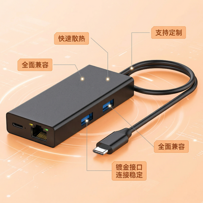 [主图2]千兆网卡核心卖点展示。保持和首张主图一致的橙色系科技电商风格，整体统一。产品位于画面中心，使用卖点导图形式：用极细的灰色引线连接产品各个部位，标注对应功能，引线末端带光点。标注内容:"镀金接预览效果