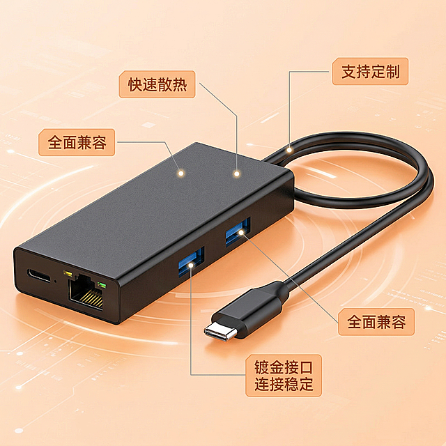 [主图2]千兆网卡核心卖点展示。保持和首张主图一致的橙色系科技电商风格，整体统一。产品位于画面中心，使用卖点导图形式：用极细的灰色引线连接产品各个部位，标注对应功能，引线末端带光点。标注内容:"镀金接口 连接稳定"、"快速散热"、"全面兼容"、"支持定制"。保持产品外观和原图一致，浅橙色渐变科技背景，文字不遮挡主体，所有文字悬浮，符合1688平台规范。