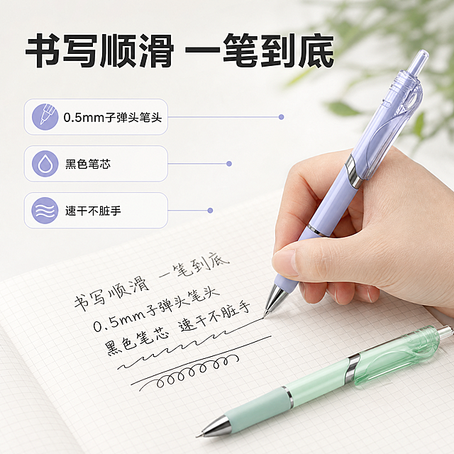 [主图-2] 核心卖点证明·书写体验：用真实书写证明0.5mm黑色笔芯顺滑、不断墨、速干不脏手。
[统一基调] 整体风格=简约清新日系文具商业摄影；背景主色=雾感白；标题字色=深墨黑；辅助字色=中灰；强调色=莫兰迪浅蓝紫；字体样式=现代无衬线粗体标题加简洁无衬线正文；字号层级=主标题最大最粗、辅助文案缩小一半以上；组件=圆角浅底信息卡加细线引线加小圆点，无厚重边框。
[画面] 使用【图1】中的按动式中性笔，取雾霾紫与薄荷绿两支；亚洲年轻女性手部握笔，在白色方格纸上连续书写黑色中文与线条；手部动作自然真实，产品与手部清晰同框，占画面65%；前景为纸面与黑色笔迹，中景为握笔的手，后景为虚化的雾感白桌面与绿植；产品视角与手部视角一致。
[光影质感] 商业摄影质感，左前侧柔和棚拍光，纸面有细腻纹理，笔身有细腻高光与柔和接触阴影，材质真实，无悬浮感。
[配色] 沿用本组统一视觉，场景色只作环境色，以雾感白为主，莫兰迪浅蓝紫只用于小图标、引线、标签。
[文字版式] 主标题“书写顺滑 一笔到底”置于上方留白，字号最大最粗；3条短卖点“0.5mm子弹头笔头”“黑色笔芯”“速干不脏手”；全部横排，不遮挡产品。
[输出要求] 1:1正方形，文字清晰无错字，产品清晰；负向：变形、错字、模糊、杂乱、水印、平台Logo、彩色笔迹、多余手指、畸形手。