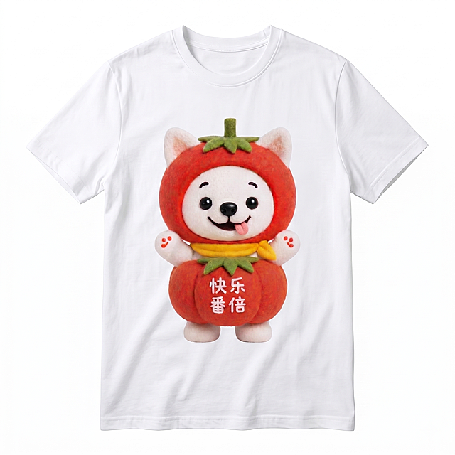 一件白色纯棉短袖T恤，正面印有红色番茄小狗快乐番倍IP形象图案，简约文创设计，白色背景产品展示
