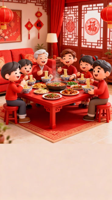 参考图片中的风格样式，制作从除夕到初七，共8张中国春节年俗海报（参考图的那张也要重新制作一张），海报中不需要民俗的具体文字，后期我会自己添加；场景根据年俗的不同而变化、每张海报的具体生成的民俗内容为：预览效果