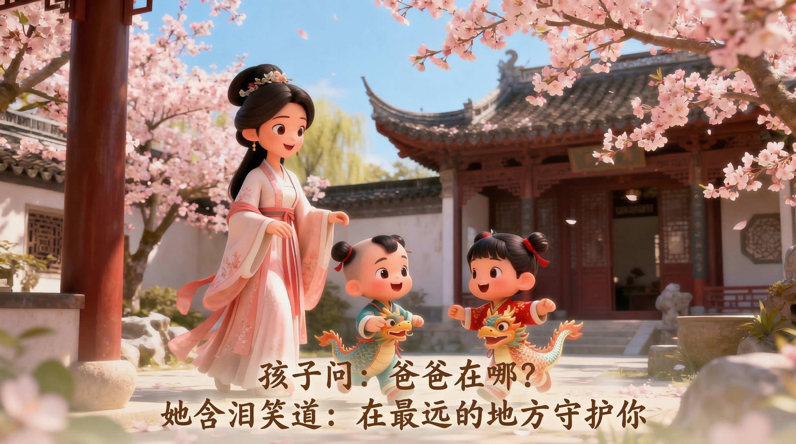 替换图片底部标题文字为"孩子问：爸爸在哪？她含泪笑道：在最远的… - 图片创意预览