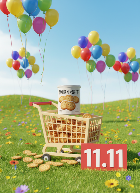 以自然景观为背景，背景有气球、彩带、"11.11"红色立牌等元素。中央是卡通购物车造型展台，将商品随意摆放至卡通购物车中。整体风格活泼，营造出轻松氛围。预览效果