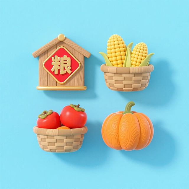 4个中秋素材组合，可爱电商促销感。素材包括：第一个粮仓（贴着带有 “粮” 字的红色菱形福字）；第二个一筐玉米；第三个一筐柿子；第四个南瓜。画面整体呈现鲜艳效果，淡蓝色背景。上下两行，排列整齐