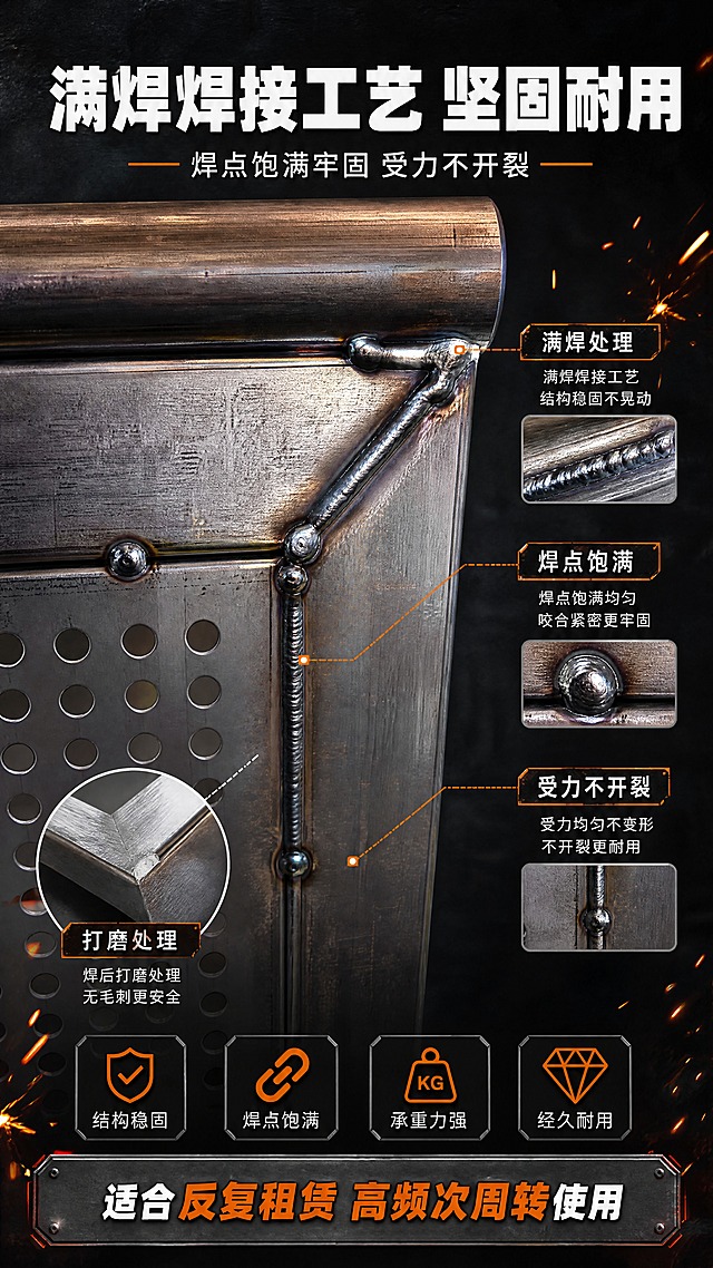 [商品] 使用【图7】防爆铁马护栏焊接细节；保留满焊焊点、焊接工艺、方管拼接处；商品处理：保留焊接原貌，增强焊点饱满度和金属光泽。
[画面] 目标：材质工艺页，突出满焊焊接工艺牢固耐用。画面主体为护栏边角焊接处微距特写，占画面60%，居中展示饱满的焊道。配焊接火花的工业风元素点缀。用引线标注焊接部位：满焊焊道、打磨处理、拼接牢固度。背景为深色工业风，突出金属焊接质感。
[视觉] 套系策略：风格=工业硬核商业摄影风；标题字=粗黑体厚重有力；正文字=简洁无衬线黑体；主色=哑光黑；背景延展=深黑到炭灰的工业质感渐变，带细微金属颗粒纹理；强调色=焊接火花橙黄色，仅用于点缀和图标；标题色=纯白；正文色=浅灰白；组件=微距放大框、焊点引线标注、耐用性图标；光影=侧光突出焊道立体感和金属质感，局部高光点缀。
[文字] 顶部主标题"满焊焊接工艺 坚固耐用"，副标题"焊点饱满牢固 受力不开裂"。引线标注3处：满焊处理/焊点饱满/受力不开裂。底部说明"适合反复租赁 高频次周转使用"。
[规格] 图片比例9:16竖版，4K分辨率，避免变形、错字、文字过小、焊接细节失真。