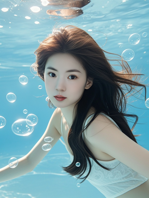 长发少女，水下写真，周围少量气泡装饰，正面视角，清透梦幻氛围，商业摄影预览效果