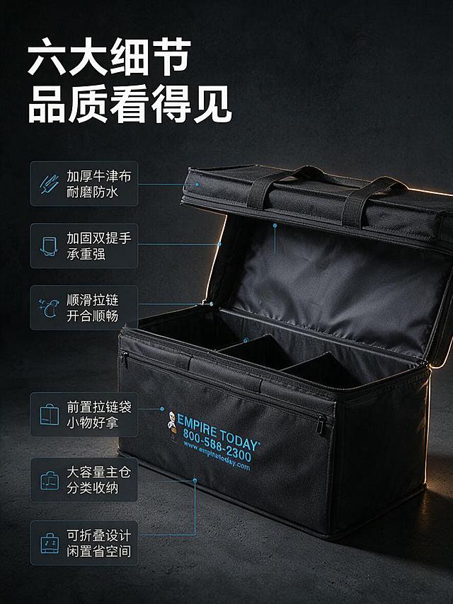 [商品] 使用【图1】黑色可折叠工具收纳箱（打开状态）；保留箱体结构、黑色牛津布面料、双提手、前置拉链袋、拉链开合、蓝色品牌标识、内部隔层；修复面料褶皱，增强布料纹理和五金质感，不改变版型。
[画面] 目标：结构解析页，引线标注核心部件。构图：产品居中偏右，占画面55%，打开状态展示内部结构；左侧和上方用细线引出6个标注点。景别：中景。背景：深灰色渐变背景，底部有轻微投影，突出产品轮廓。
[视觉] 套系策略：风格=工业风硬朗商业摄影；标题字=粗黑体；正文字=简洁无衬线黑体；主色=深炭黑；背景延展=基于深灰黑做深浅层级、水泥质感和金属冷调；强调色=工业蓝，仅用于小面积图标、引线和标签；标题色=白色；正文色=浅灰；组件=深色信息卡、细线引线、工业风图标；光影=左前侧硬光+背景暖光轮廓。
[文字] 左上主标题"六大细节 品质看得见"，引线标注：1.加厚牛津布 耐磨防水 2.加固双提手 承重强 3.顺滑拉链 开合顺畅 4.前置拉链袋 小物好拿 5.大容量主仓 分类收纳 6.可折叠设计 闲置省空间；文字横排，不遮挡产品主体。
[规格] 图片比例3:4竖版，resolution=1K，避免变形、错字、文字过小、结构失真。