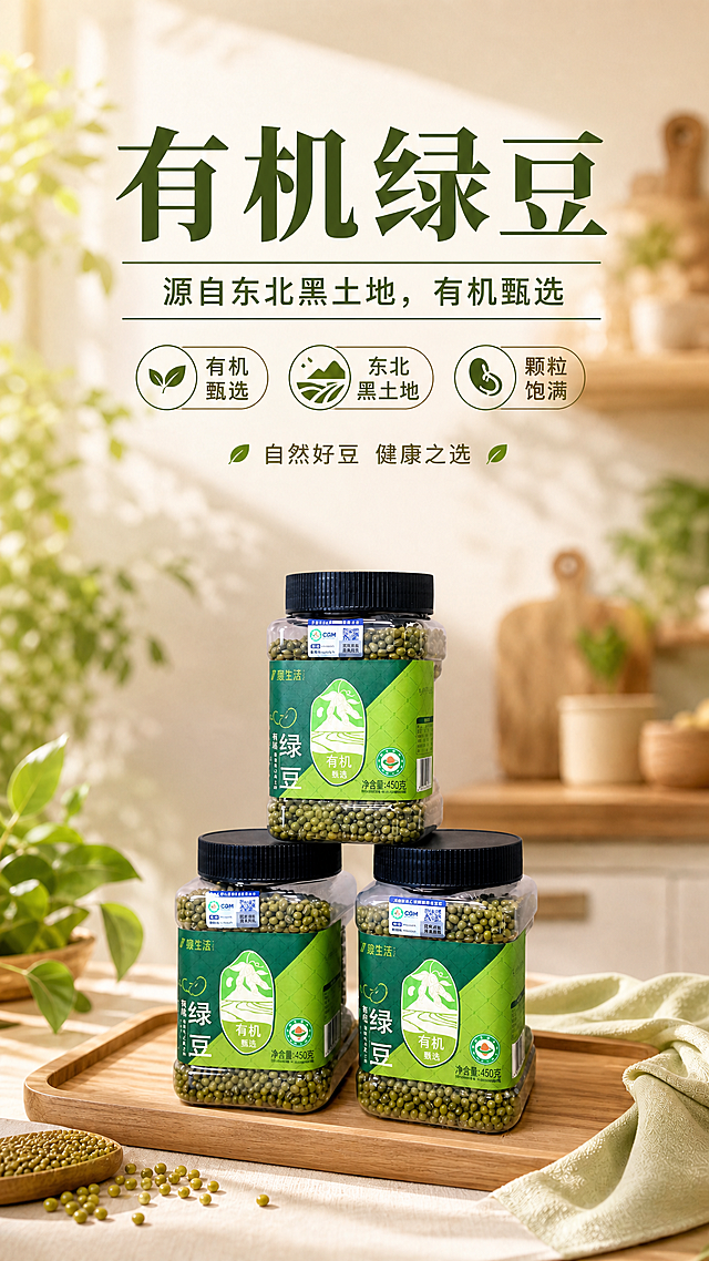 基于上传的有机绿豆海报图，调整产品尺寸和标题字体风格。三罐有机绿豆产品整体缩小，商品主体占比约35%-40%，位于画面中下部，保留产品100%还原上传商品图的外形、包装、LOGO、印刷文字、净含量，瓶型、瓶盖、标签版式、品牌logo、颜色与正面朝向均保持一致。

主标题"有机绿豆"字体改为正式稳重的宋体或黑体风格，去掉可爱圆润的造型和装饰性曲线，字体端正大气，笔画规整，体现有机食品的专业品质感。副标题"源自东北黑土地，有机甄选"字体也相应调整为正式简洁的无衬线字体，整体文字排版更加规整正式。

背景保持温馨暖调的厨房家居场景，柔和的米黄色与浅绿色渐变，自然侧光，温馨氛围不变。卖点标签和辅助文案也调整为正式简洁的字体风格。画面中必须完整呈现以下文字信息："有机绿豆"、"源自东北黑土地，有机甄选"。所有文字清晰可读，排版精美，四周留有安全边距。