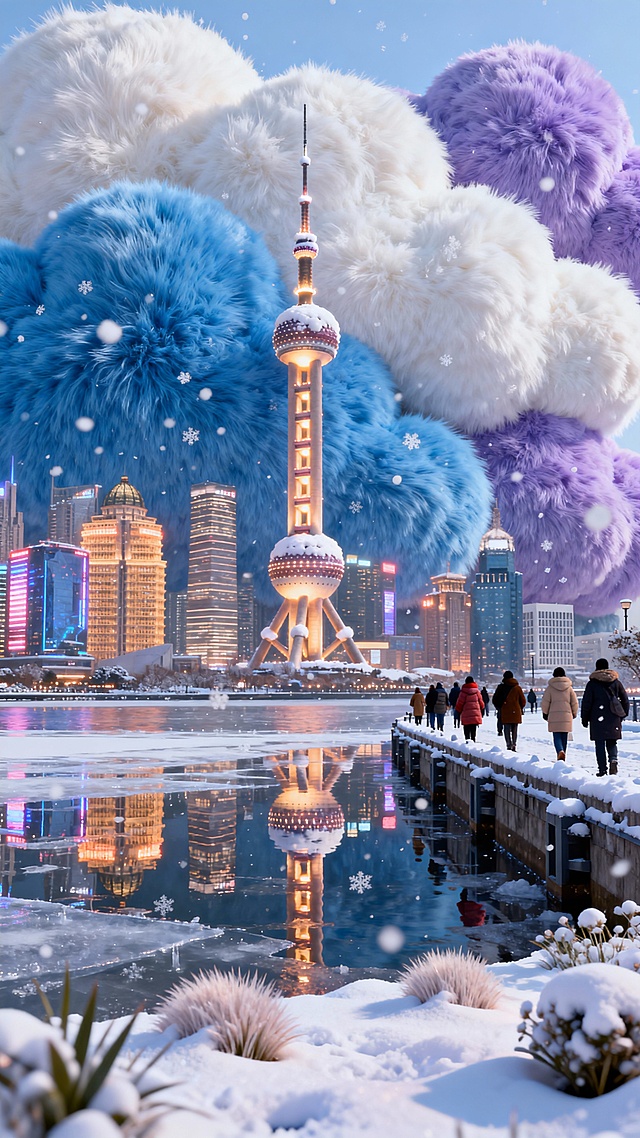 雪后晴空下的东方明珠亮着灯，塔身覆薄雪。黄浦江面结着薄冰，倒映塔影与两岸建筑群暖光，江堤行人裹厚衣赏景，雪花零星飘落，陆家嘴霓虹与雪地相映，都市冬日氛围感拉满。