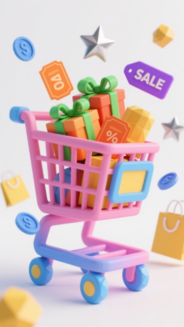 一个造型独特的粉色购物车，车轮为蓝色渐变，车筐内装满了带有绿色蝴蝶结的礼品盒、橙色的优惠券和紫色的“SALE”标签，周围漂浮着银色的星星、蓝色的硬币和黄色的购物袋，整体采用低多边形3D风格，色彩明快活泼，光线柔和，营造出欢快的购物氛围，背景为纯白色，突出主体。预览效果
