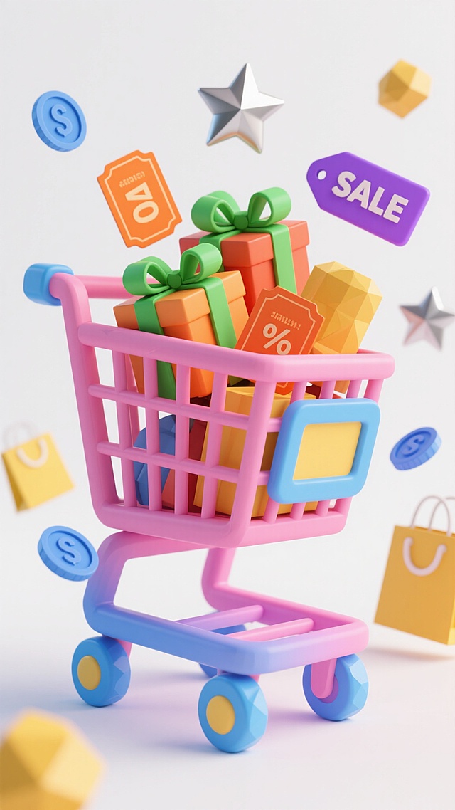 一个造型独特的粉色购物车，车轮为蓝色渐变，车筐内装满了带有绿色蝴蝶结的礼品盒、橙色的优惠券和紫色的“SALE”标签，周围漂浮着银色的星星、蓝色的硬币和黄色的购物袋，整体采用低多边形3D风格，色彩明快活泼，光线柔和，营造出欢快的购物氛围，背景为纯白色，突出主体。