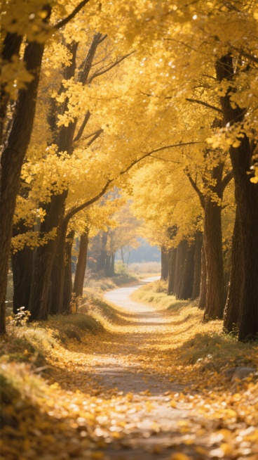 一条被金色银杏叶覆盖的蜿蜒小路，两侧是高大的树木，枝头挂满金黄的叶子，阳光透过树叶洒下斑驳的光影，地面铺满落叶，营造出温暖而宁静的秋日氛围，道路尽头隐约可见远方的景色，整体画面色彩浓郁，光影层次丰富，呈现出写实的摄影风格，具有强烈的视觉冲击力和自然美感。预览效果