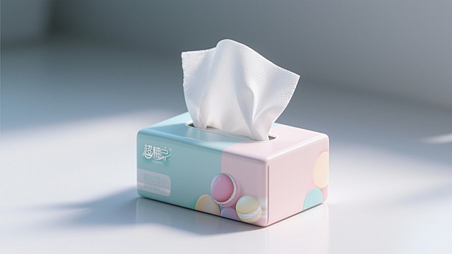 2D anime style, paper tissue pack and loose tissues, white background, small rectangular tissue packet with pastel packaging, several soft white tissues partially pulled out, clean and fluffy texture