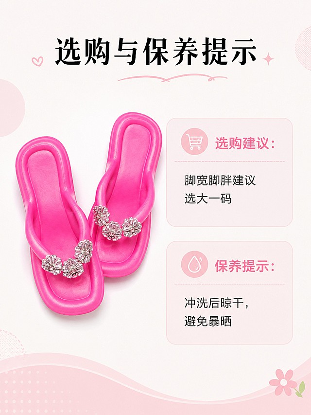 [第11屏] 竖版3:4详情页选购指南区，玫红色水钻花朵人字拖选购与保养建议。本屏使用【图1】作为商品参考。
[氛围/风格] 温馨提示风，浅色背景，柔和质感，友好清晰，提升用户购买体验。
[元素布局] 画面左侧放置鞋子斜放小图，保留玫红色款式与原图一致，右侧分两点介绍选购建议和保养提示，顶部主标题，排版宽松不拥挤。
[光影质感] 均匀柔和光线，整体干净明亮，文字清晰，鞋子自然真实。
[配色色系] 全局底色 #f5f5f5，浅粉色装饰块，黑色标题，灰色说明文字，玫红色鞋子，配色温暖柔和。
[视角构图] 左图右文，竖版排版，信息层级清晰，阅读流畅。
[文字版式] 顶部主标题「选购与保养提示」，内容分为：「选购建议：脚宽脚胖建议选大一码」「保养提示：冲洗后晾干，避免暴晒」，文字清晰，排版舒适，不遮挡鞋子。
[比例分辨率] 3:4，4K，文字清晰，支持分层导出，独立图层。
[负向提示词] 文字错乱，文字过小，鞋子变形，颜色偏差，水印