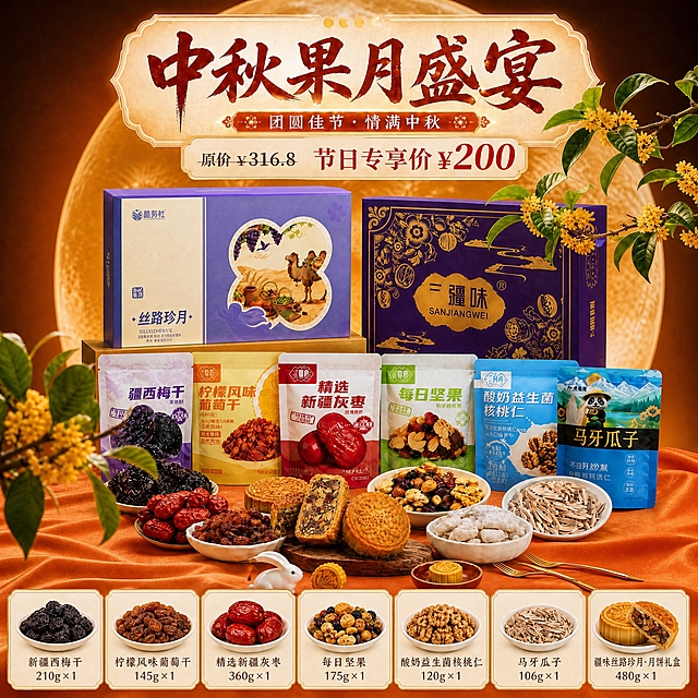 基于参考图，进行优化调整：

1. 中间区域的袋装产品（疆西梅干、柠檬风味葡萄干、精选新疆灰枣、每日坚果、酸奶益生菌核桃仁、马牙瓜子）摆放得更紧凑一些，间距缩小，位置略微向前突出，让袋装产品更加醒目突出。

2. 底部的产品明细卡片增加为7张，新增一张月饼卡片。7张卡片横向紧密排列，依次为：
① 新疆西梅干 210g×1
② 柠檬风味葡萄干 145g×1
③ 精选新疆灰枣 360g×1
④ 每日坚果 175g×1
⑤ 酸奶益生菌核桃仁 120g×1
⑥ 马牙瓜子 106g×1
⑦ 疆味丝路珍月·月饼礼盒 480g×1（配月饼实物图）

每张卡片保持米白色圆角底框+金色描边，上方产品实物小图，中间产品名称，下方规格数量，文字清晰。

保留顶部"中秋果月盛宴"标题和价格信息，保留大月亮、桂花、橙色绸缎、玉兔摆件等中秋场景元素。整体画面紧凑丰富，袋装产品更突出，层次分明，高端中秋商业摄影质感，暖金色调。