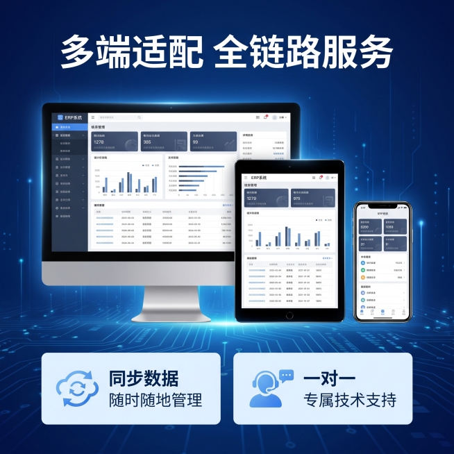 [主图 4] ERP系统多端适配服务流程展示。[氛围风格] 专业科技商务风，深蓝色科技感氛围，整体风格保持全套统一。[画质] 商业设计质感、画面清晰干净、专业高级。[元素] 深蓝色渐变科技背景，上方7预览效果