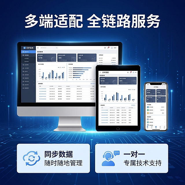 [主图 4] ERP系统多端适配服务流程展示。[氛围风格] 专业科技商务风，深蓝色科技感氛围，整体风格保持全套统一。[画质] 商业设计质感、画面清晰干净、专业高级。[元素] 深蓝色渐变科技背景，上方70%区域展示电脑+手机+平板三端系统界面并置，清晰呈现多端适配的界面效果。下方30%区域双格展示核心服务内容，每个格子配图标和一句话说明。三端界面大小比例协调，整体构图饱满。[光影] 三端界面有柔和高光突出，光线均匀通透，光影层次自然，没有暗部死黑。[配色] 主色调深蓝色，界面浅背景搭配深色内容，文字高对比显示，服务卡片浅蓝底色配白色文字。[视角构图] 上下分层构图，上部分展示产品，下部分说明服务，结构清晰，层次分明。[文字版式] 顶部标题 "多端适配 全链路服务" 大号加粗白色字。下方双格服务展示：左格 同步数据 随时随地管理，右格 一对一 专属技术支持，图标搭配文字，排版均衡清晰。[比例分辨率] 1:1 比例，2k 分辨率，文字清晰锐利，超高清。[负向提示词] 变形，水印，文字错乱，产品图模糊，背景杂乱，绝对化违禁词，引流信息，配色刺眼。