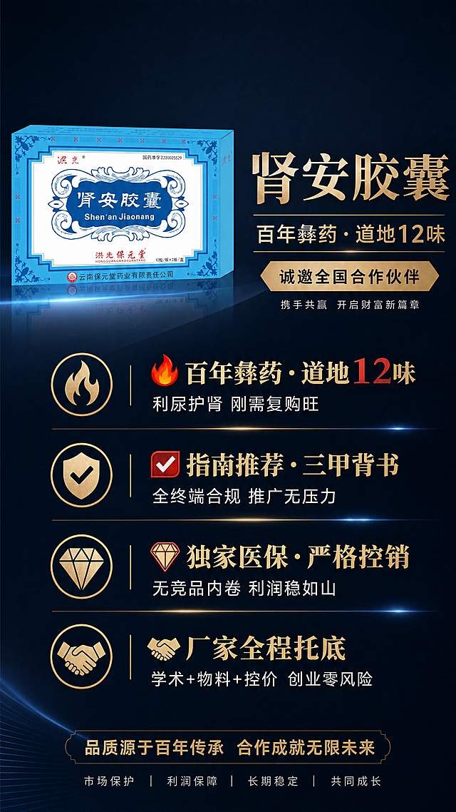 设计一款大气的医药招商海报，左上角放置肾安胶囊产品图片，海报包含以下完整文案：
🔥 百年彝药·道地12味
利尿护肾 刚需复购旺
✅ 指南推荐·三甲背书
全终端合规 推广无压力
💎 独家医保·严格控销
无竞品内卷 利润稳如山
🤝 厂家全程托底
学术+物料+控价 创业零风险
整体风格大气商务，配色专业稳重，突出产品和招商优势，背景简洁大气