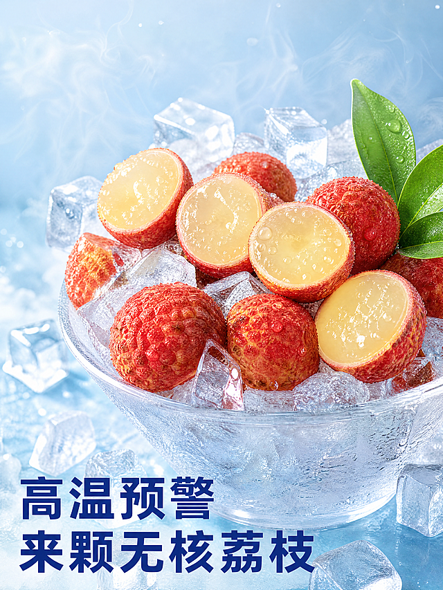 [主图] 夏日消暑冰镇无核荔枝场景图。[氛围风格] 清凉解暑，冰镇诱人。[画质] 高清商业摄影，冰爽质感。[元素] 碗里装着冰块冰镇的切开挖核荔枝，冒着冷气水珠，保留荔枝产品本身的颜色纹理和参考图一致，无修改变形。商品主体占比约70%。[光影] 冷调柔光，突出水珠晶莹和果肉冰爽，清凉感十足。[配色] 冷白冰块，红色荔枝，淡蓝色背景，整体色调偏冷凸显冰镇效果。[文字版式] 左下角大字写"高温预警
来颗无核荔枝"，深蓝色粗体，清晰不挡主体。[比例分辨率] 3:4，4K分辨率，文字清晰，超高清。[负向提示词] 变形，水印，文字重叠，背景杂乱，绝对化违禁词。