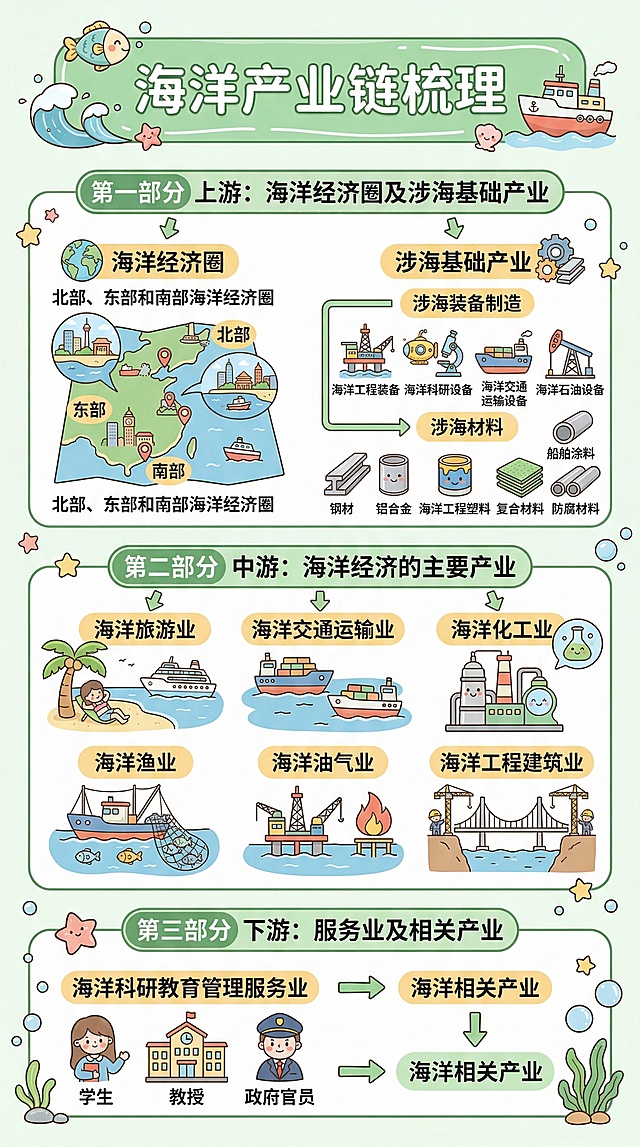 竖版9:16画幅的海洋产业链梳理信息图，保持原有全部内容、可爱数字手绘卡通插画风格，线条柔和圆润，整体活泼生动，科普教育氛围。背景纯白色简洁干净，保留充足留白突出主体信息。配色使用柔和明亮的马卡龙色系，主色调浅绿色，搭配天蓝色、米黄色、淡橙色、淡粉色，色彩和谐饱和度适中。加入少量带可爱表情或拟人化的卡通元素图标，利用清晰流程图、圆角矩形和指示箭头组织信息。所有元素均为卡通风格，文字使用圆润清晰易读的无衬线字体，颜色和整体配色协调，无写实元素。信息精简，突出关键词核心概念，多留白易读。内容结构：标题"海洋产业链梳理"，从上到下分为三部分：第一部分上游：海洋经济圈及涉海基础产业，海洋经济圈包括北部、东部和南部海洋经济圈；涉海基础产业包括涉海装备制造（海洋工程装备、海洋科研设备、海洋交通运输设备、海洋石油设备）和涉海材料（钢材、铝合金、船舶涂料、海洋工程塑料、复合材料、防腐材料）。第二部分中游：海洋经济的主要产业，包括海洋旅游业、海洋交通运输业、海洋化工业、海洋渔业、海洋油气业、海洋工程建筑业。第三部分下游：服务业及相关产业，主要包括海洋科研教育管理服务业和海洋相关产业。