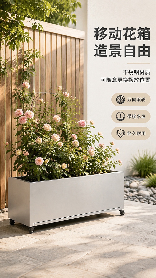 [第1屏] 详情页头图-不锈钢可移动带托盘长方形花箱场景宣传图，本屏使用【图1】作为商品主体。
[氛围/风格] 现代北欧庭院风，自然庭院暖光，实景户外商业摄影质感，清新自然。
[元素布局] 花箱放置在入户庭院石板地面，种植藤本月季，主体占比约70%；背景搭配木栅栏和鹅卵石造景，产品结构、材质、颜色与输入产品图一致，四个滚轮完整展示。
[光影质感] 下午斜射日光，产品左侧亮右侧暗，自然投影拉长，不锈钢表面保留金属光泽，整体氛围慵懒自然。
[配色色系] 全局底色 #E8EDE4；主色浅灰花箱；辅助色木色栅栏、绿色植物。
[视角构图] 左产品右文案，阅读动线从左产品到右文案，重心稳定。
[文字版式] 版式为左图右文型。右侧主标题「移动花箱 造景自由」，副标题「不锈钢材质 可随意更换摆放位置」，三个竖排卖点胶囊：「万向滚轮」「带接水盘」「经久耐用」，文字靠右排列不遮挡花箱主体。
[比例分辨率] 9:16竖版比例，4K分辨率，文字清晰可辨，高清画质。
[负向提示词] 产品变形，缺件错件，颜色偏差，滚轮消失，文字错乱，水印，背景杂乱，产品模糊。