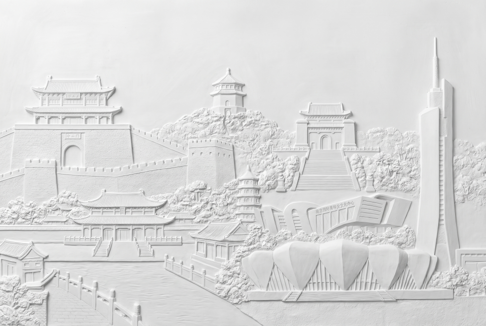 南京城市地标性建筑群，呈现为石膏浮雕效果，整张图片以白色为基调，画面干净整洁，浮雕质感细腻预览效果