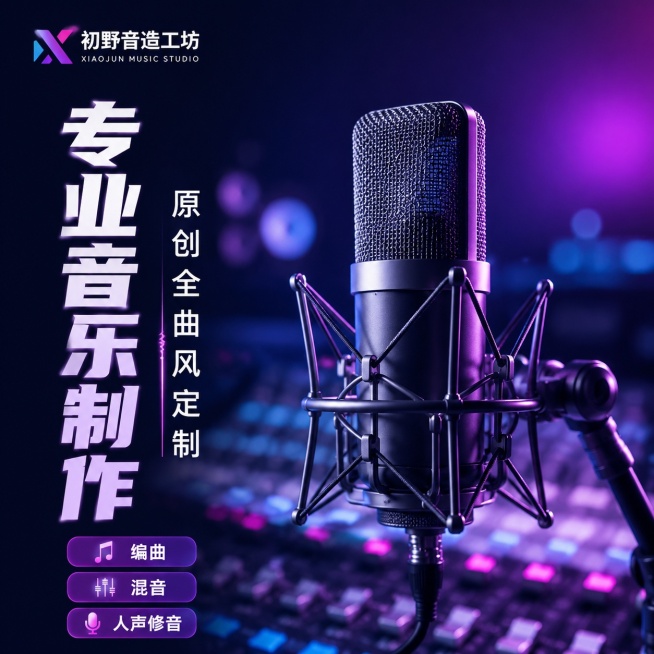 [主图-1] 专业音乐制作定制服务首图，核心宣传图，更换全新版式。
[氛围风格] 现代极简科技风，深色背景蓝紫色渐变散焦光晕，简约高级设计质感。
[画质] 超清画质，文字清晰锐利，画面干净高级，光影层预览效果