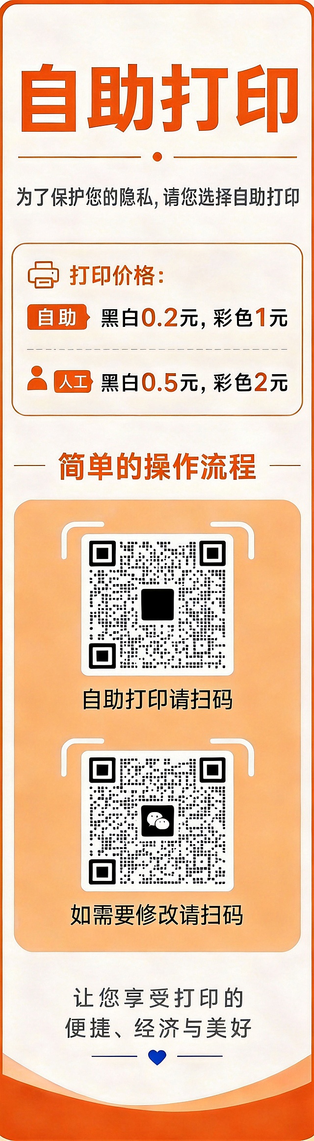 修改这张提示牌：1. 完全去掉"人工"文字前面的小人图标，删除该图标；2. 增强并清晰化四周边框，让边框更明显；保持所有其他文字内容、两个二维码上下结构、橘色配色不变，尺寸宽度80高度290
