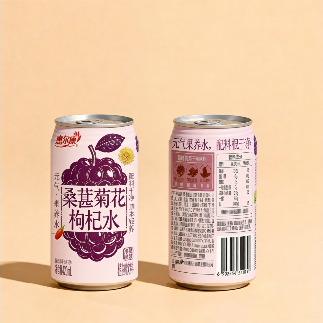 参考第一张图的日系插画饮品易拉罐包装风格，设计桑葚菊花枸杞水饮品易拉罐包装，保留包装上的全部文字信息：正面主文字"桑葚菊花枸杞水"，品牌"惠尔康"，slogan"元气·果养水"，"配料干净 草本轻养"预览效果