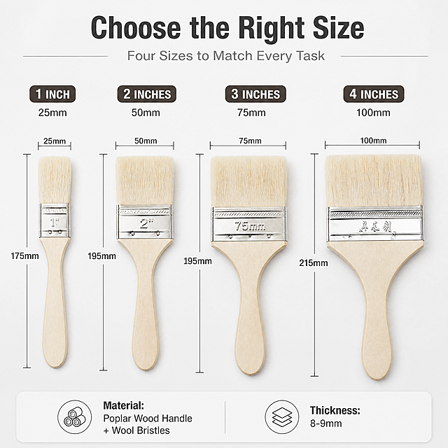 Amazon Premium A+ mobile specifications page for Jenck 4-piece paint brush set. Clean comparison table layout on light gray background. Top title in bold English: "Choose the Right Size", subtitle: "Four Sizes to Match Every Task". Below, four horizontal product rows side by side, each showing one brush with dimension callouts. From left to right: 1 inch (25mm brush width, 175mm total length), 2 inches (50mm width, 195mm length), 3 inches (75mm width, 205mm length), 4 inches (100mm width, 215mm length). All brushes: natural light wood handle, silver metal ferrule, off-white flat wool bristles, must match reference appearance exactly. Both inch and mm units displayed. Bottom info strip: "Material: Poplar Wood Handle + Wool Bristles" and "Thickness: 8-9mm". Minimalist technical drawing style with thin dimension lines, commercial product photography, soft top lighting. Professional Amazon A+ spec sheet aesthetic, English only, no Chinese, no price.
