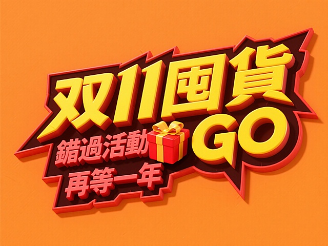3D浮雕风大字设计，橙色背景突出促销感，双11国货GO主题，搭配礼盒元素强化节日氛围。