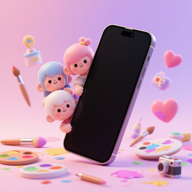 一个手机正斜面朝向位于画面中心，两三个卡通娃娃人物从手机背后依靠着探出头，周围散落着一些泼洒的颜料、调色盘、画笔、笔刷等工具，还有一些小相机和心形元素，背景是浅粉色或梦幻紫的渐变色预览效果
