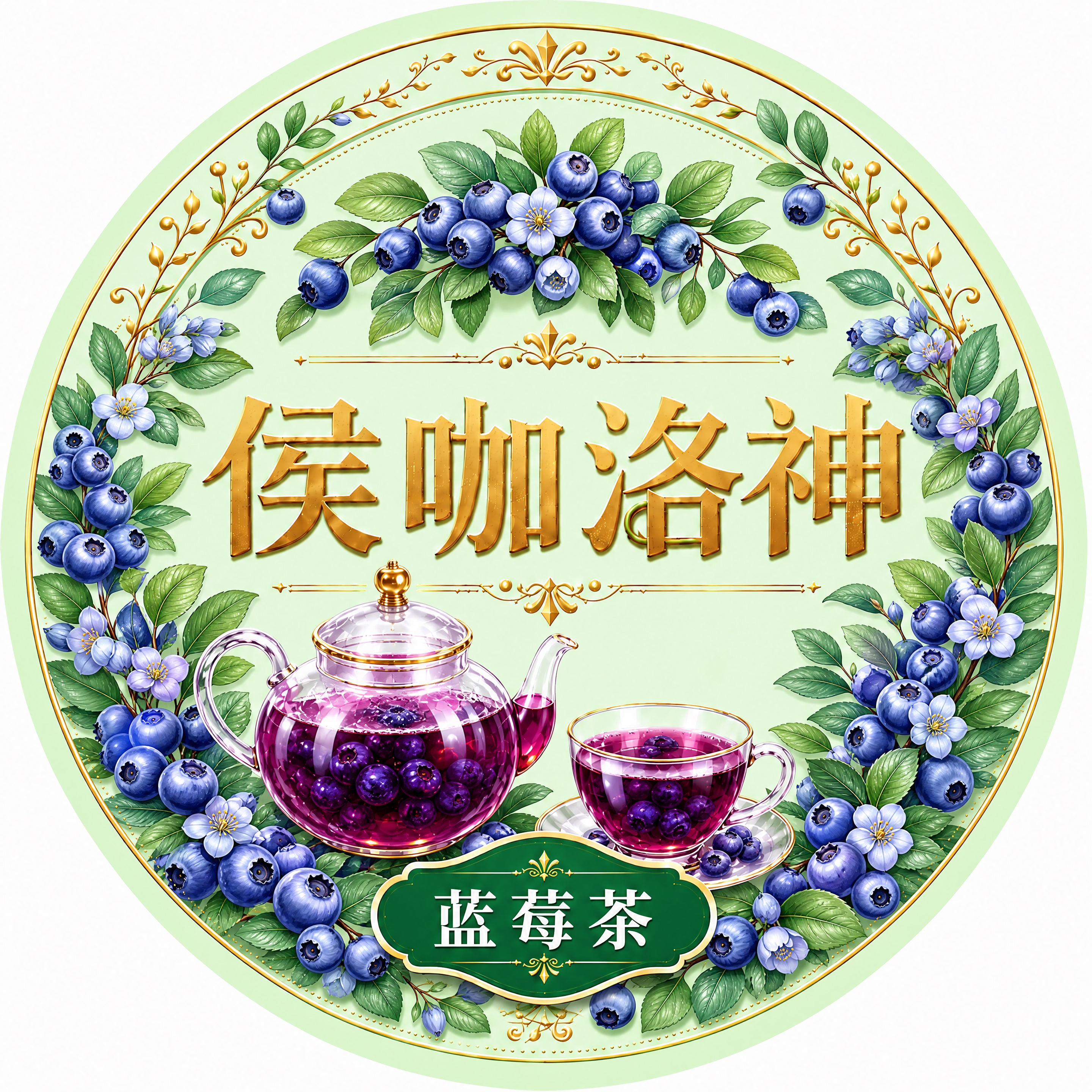 基于参考图彻底重绘，保持浅绿色圆形背景、金色边框花纹、"侯咖洛… - 图片创意预览