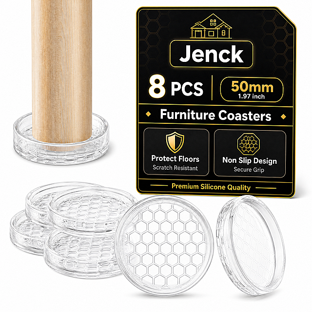 [Amazon主图 黑金配色 8PCS 50mm] Jenck品牌透明硅胶家具脚垫（Furniture Coasters）8pcs装，直径50mm。整体构图：左上方家具腿使用场景，右侧后方竖版黑金配色包装卡片，卡片前方和下方是产品展示。纯白背景。

[左侧使用场景]
画面左上方直接展示一根中等粗细的浅色原木圆柱形家具腿（适配50mm尺寸），稳稳放置在一片透明硅胶脚垫上，纯白背景无任何裁切或边框，纯实物展示。

[包装卡片 - 黑金高端配色]
- 尺寸：与竞品包装卡大小相当，约占画面右侧40%宽度，高度约占画面70%
- 配色：深邃炭黑色渐变主色 + 金色文字/装饰线 + 白色主标题，高端奢华
- 卡片形状：顶部右上角小切角，竖长方形，边缘细微圆角和极细金色描边
- 卡片排版（从上到下）：
  1. 【顶部品牌区】金色线条房屋图标 + 黑色圆角矩形底（金色内描边）+ 白色粗体 "Jenck"
  2. 【数量+规格 左右并排】中间细金色竖线分隔，左右大小均匀：
     - 左：白色粗体 "8 PCS"，数字8有细微金色描边
     - 右：黑底金边圆角胶囊 + 金色粗体 "50mm" + 下方白色小字 "1.97 inch"
  3. 【品类标题条】黑色横条（金色上下边线）+ 白色粗体 "Furniture Coasters" 居中
  4. 【卖点展示区】两个并排圆角卖点卡，深灰黑底+金色图标+白标题+灰小字：
     - 左：金色盾牌图标 + "Protect Floors" + "Scratch Resistant"
     - 右：金色防滑图标 + "Non Slip Design" + "Secure Grip"
  5. 【底部品质条】黑色底通栏 + 金色小字 "Premium Silicone Quality" 居中
- 卡片背景有极淡金色六边形暗纹，增加质感

[产品摆放]
卡片前方下方摆放产品：前景一片正面朝上（六边形纹路），一片侧立展示围边，后方堆叠3-4片，整体体现8片数量感，脚垫为中等尺寸（50mm）。

[产品外观] 圆形透明硅胶脚垫，带围边，内部六边形蜂窝纹路，底部方格纹路，高透硅胶，7mm侧边围挡。

[背景与光影] 纯白背景，主光左上，透明材质高光清晰，底部柔和阴影。金色有金属光泽。

[比例分辨率] 1:1，2048x2048，2K，文字清晰。

[负向提示词] 蓝色、红色、绿色、沙发图片、圆形裁切、地板背景、数字超大、上下排列、卡片过大、杂乱、悬浮、穿模、变形、模糊、错字、水印、中文、方格纹路内部