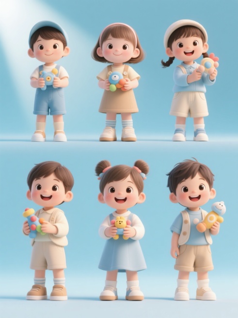 六个完全不同造型和性别的儿童系列素材集合，每个儿童都穿着不同风格的服装，保持写实的3D质感，主色调为柔和的蓝色和米色，光影明亮自然，光源来自左上方，阴影细腻柔和，每个儿童都手持不同的玩具，表情开心自然，纯色背景，规整排布，每个儿童之间有均匀的间距，整体构图对称平衡，视觉层级清晰，信息传达效率高，符合儿童服装品牌的宣传目的，设计感十足。预览效果