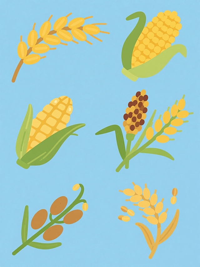 一系列6个不同农作物元素的插画集合，保持统一的扁平风格，每个元素都有清晰的轮廓和简洁的色彩填充，采用不同的纯色背景，元素包括饱满的麦穗、金黄的稻穗、颗粒饱满的玉米、饱满的高粱、成熟的小麦和饱满的谷子，每个元素都有绿色的茎叶和成熟的果实，整体排列规整，色彩明快，适合作为农业主题的装饰素材。