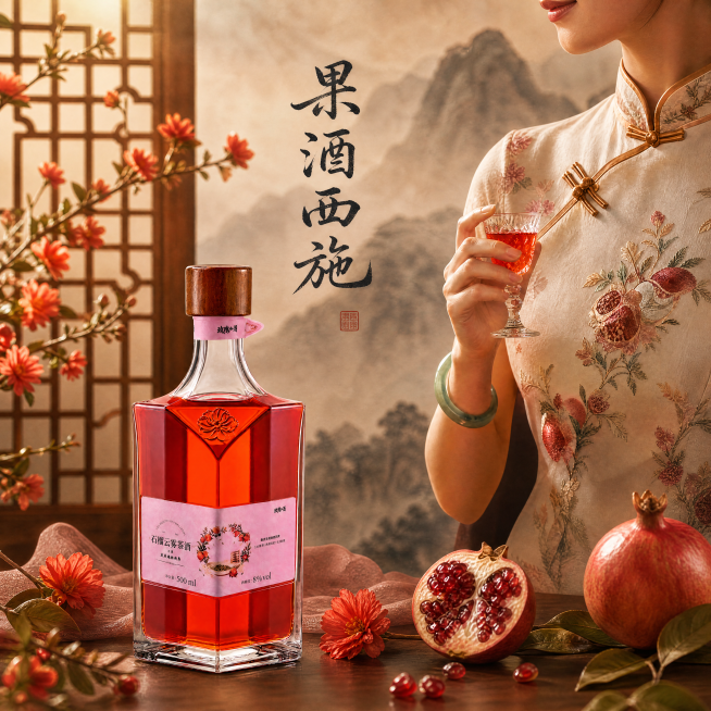 添加文案"果酒西施"，字体为适中大小黑色手写书法字，柔和不抢眼，整体画面保持高级质感，新中式风格，保留石榴和石榴花点缀，1:1尺寸预览效果