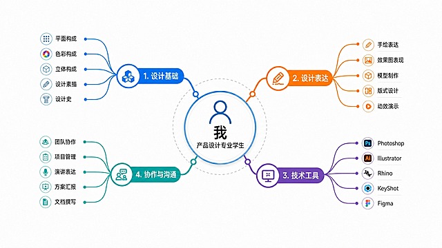 将四个分支重新编号为1、2、3、4，按顺时针顺序排列：1.设计基础（蓝色，左上）、2.设计表达（橙色，右上）、3.技术工具（紫色，右下）、4.协作与沟通（青绿色，左下）。把原来的"3.设计表达"改为"2.设计表达"，原来的"4.技术工具"改为"3.技术工具"，原来的"6.协作与沟通"改为"4.协作与沟通"。"1.设计基础"编号保持不变。四个分支围绕中心均匀分布，整体风格、颜色、图标、子项内容都保持不变，只修改编号数字。