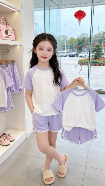 用图1短袖和裤子替换掉图2的模特身上穿的衣服裤子和模特旁边衣柜里衣架上挂着的衣服裤子，保留原场景光影，保持图2的人物的五官和发饰不变，姿势不变，拍摄角度不变，模特的朝向不变，背景不变，图片宽高尺寸不变预览效果